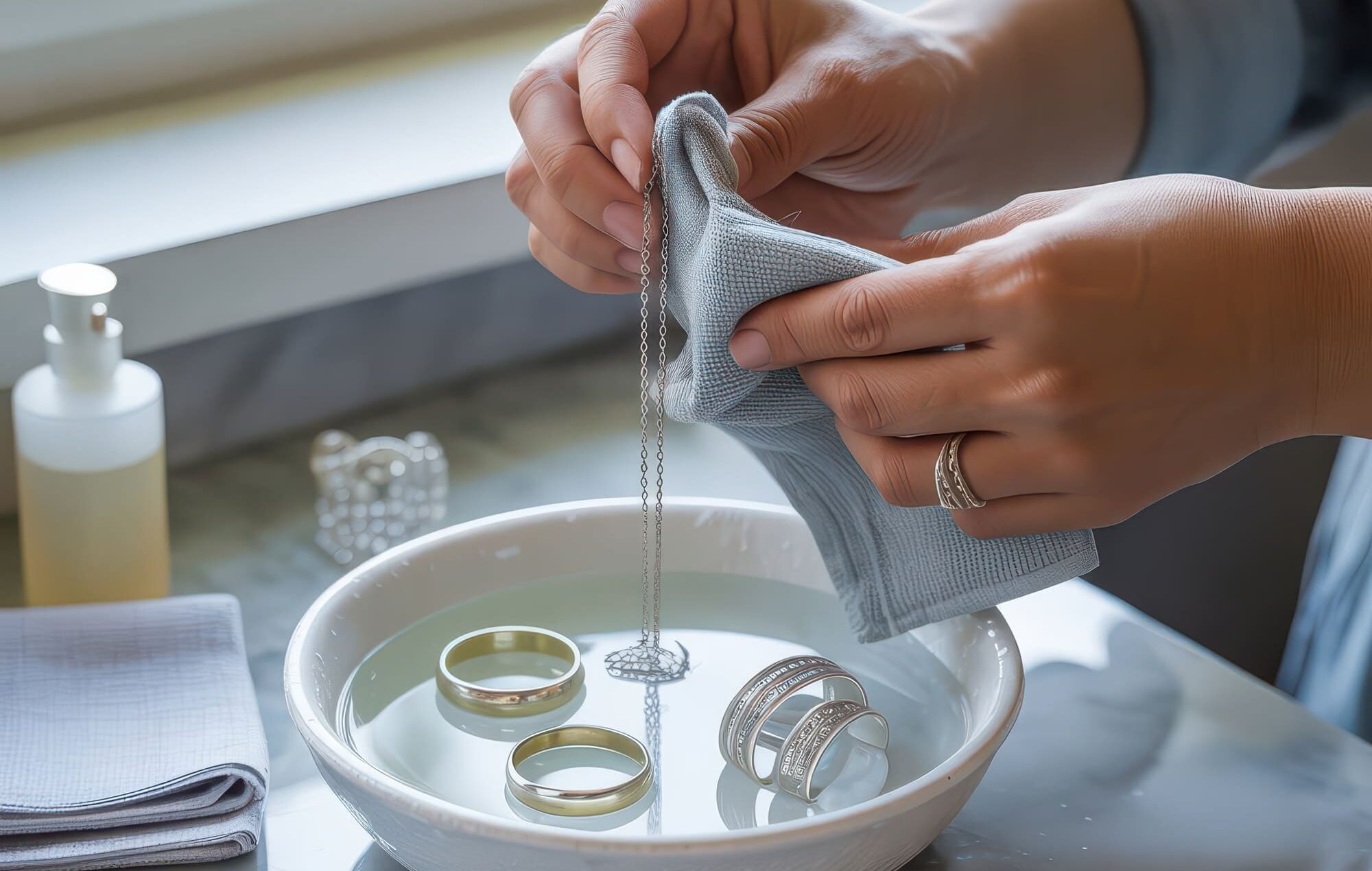 Une femme nettoie soigneusement un collier et des bagues en argent fin tout en faisant tremper ses bijoux dans un bol d'eau.