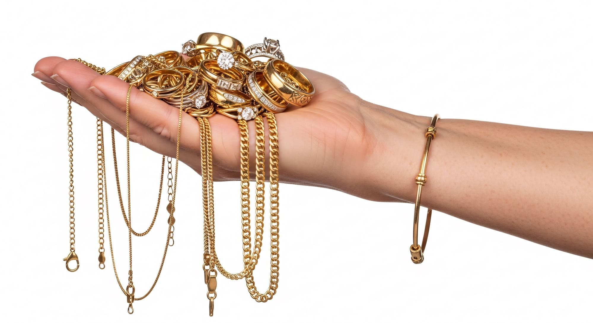 Mains tenant plusieurs bijoux en or : chaînes, bagues et bracelets, représentant la vente de bijoux en or.