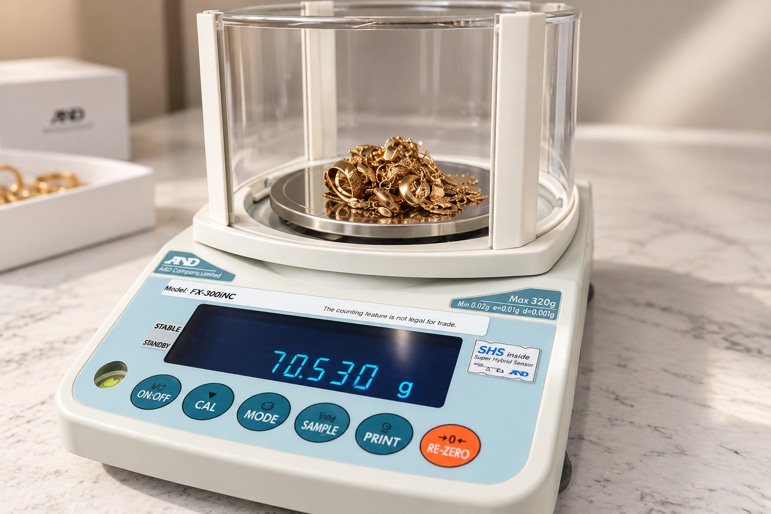 Balance de précision certifiée avec bijoux en or déposés sur le plateau pour évaluation en bijouterie.